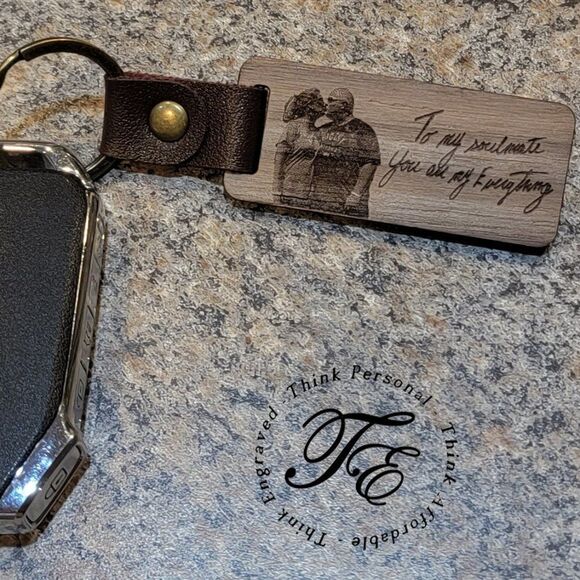 Personalized Photo and Handwriting Keychain - Antiqued Leather and Wood - Picture 1 of 8